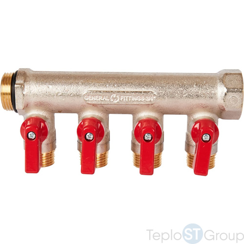 Stout SMB 6210 341204 Stout Коллектор с шаровыми кранами 3/4 , 4 отвода 1/2 (красные ручки) - купить оптом с доставкой по России