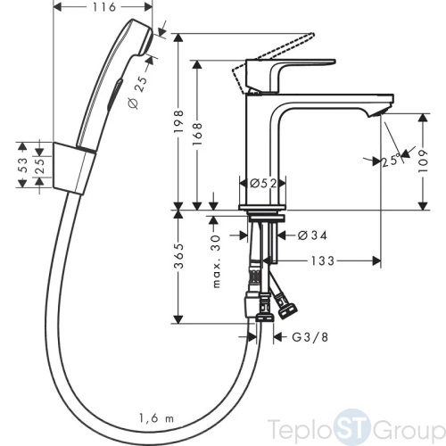 Смеситель для раковины с гигиеническим душем Hansgrohe Rebris S 72215670, черный матовый - купить оптом у дилера TeploSTGroup по всей России ✅ ☎ 8 (800) 600-96-13 фото 2